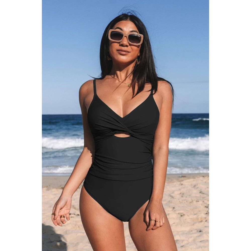 Cupshe Black Ruched One Piece Swimsuit L Tummy Control Chic Resort NWT Classic - Picture 2 of 10